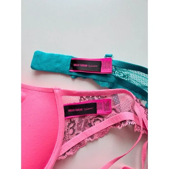 Lot of 2 LA SENZA Hello Sugar Pink Turquoise Lace Trim Push Up Bras, Size 34B - Picture 11 of 14